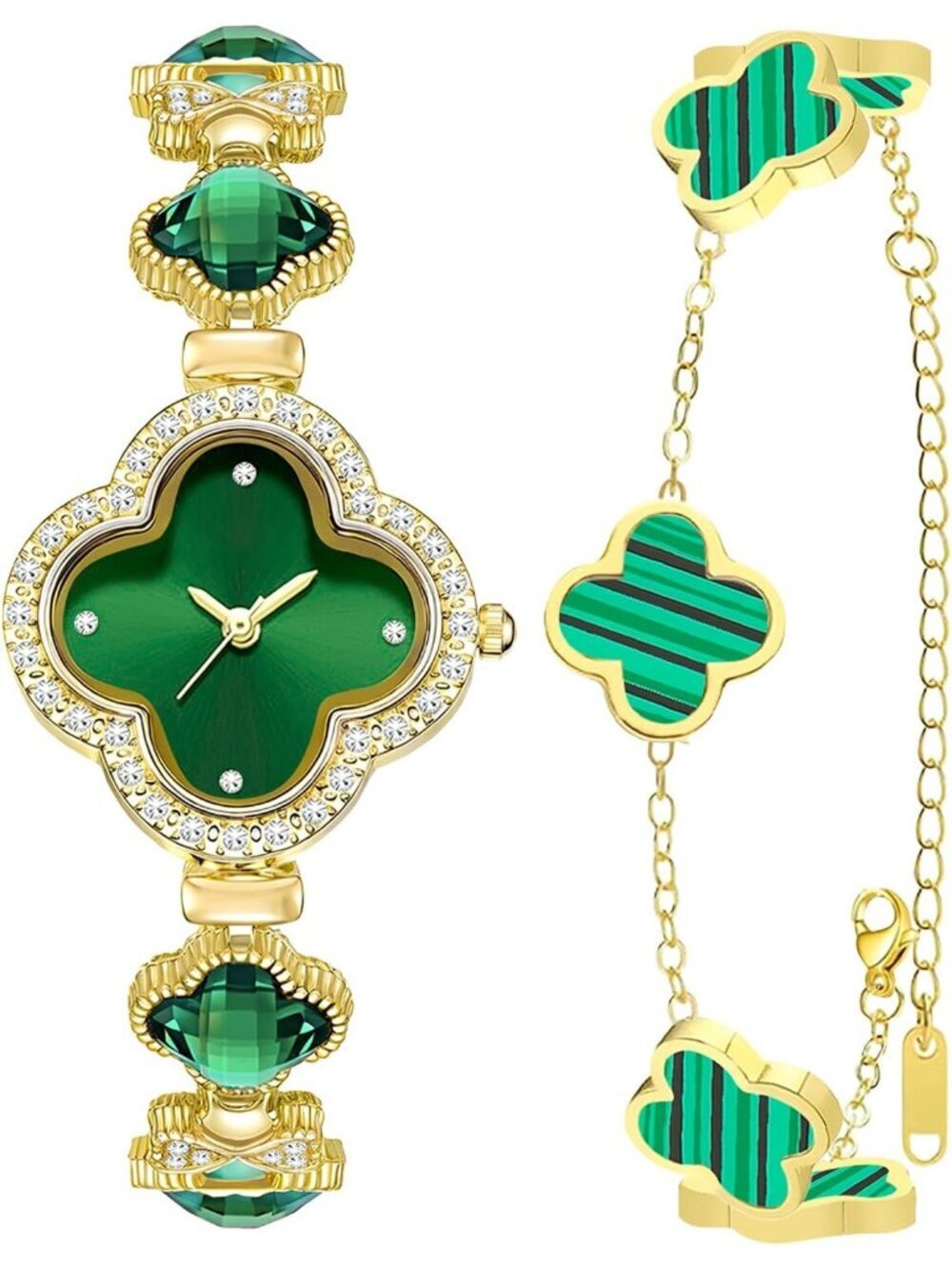 Women's Green Gold Lucky Clover Flower Design Four Leaf Bracelet Set Wrist Watch